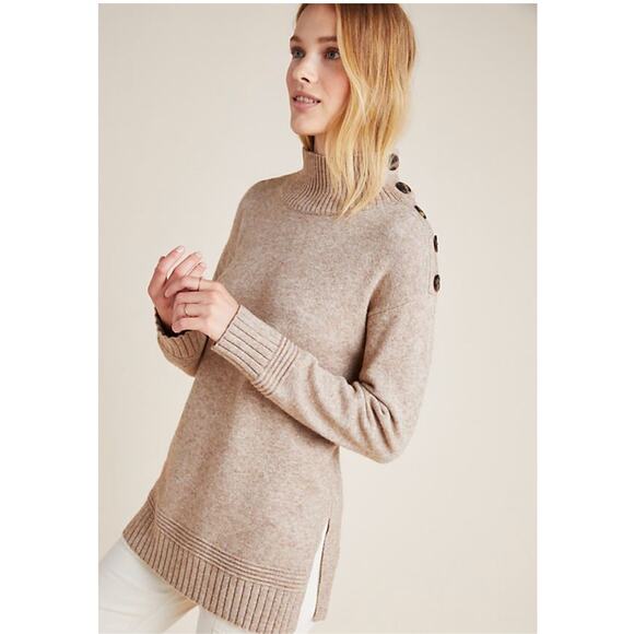 Anthropologie Margairta Tan Button Mock Neck Tunic Sweater // XS - Picture 2 of 10